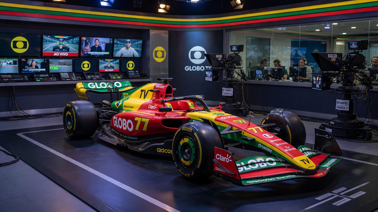 Carro de Fórmula 1 em estúdio de transmissão da Globo com equipamentos de produção ao fundo