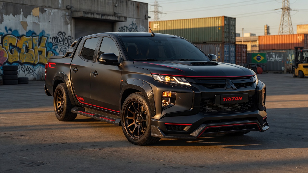 Mitsubishi Triton pickup com kit visual exclusivo BF///MS em acabamento preto fosco, fotografia editorial profissional