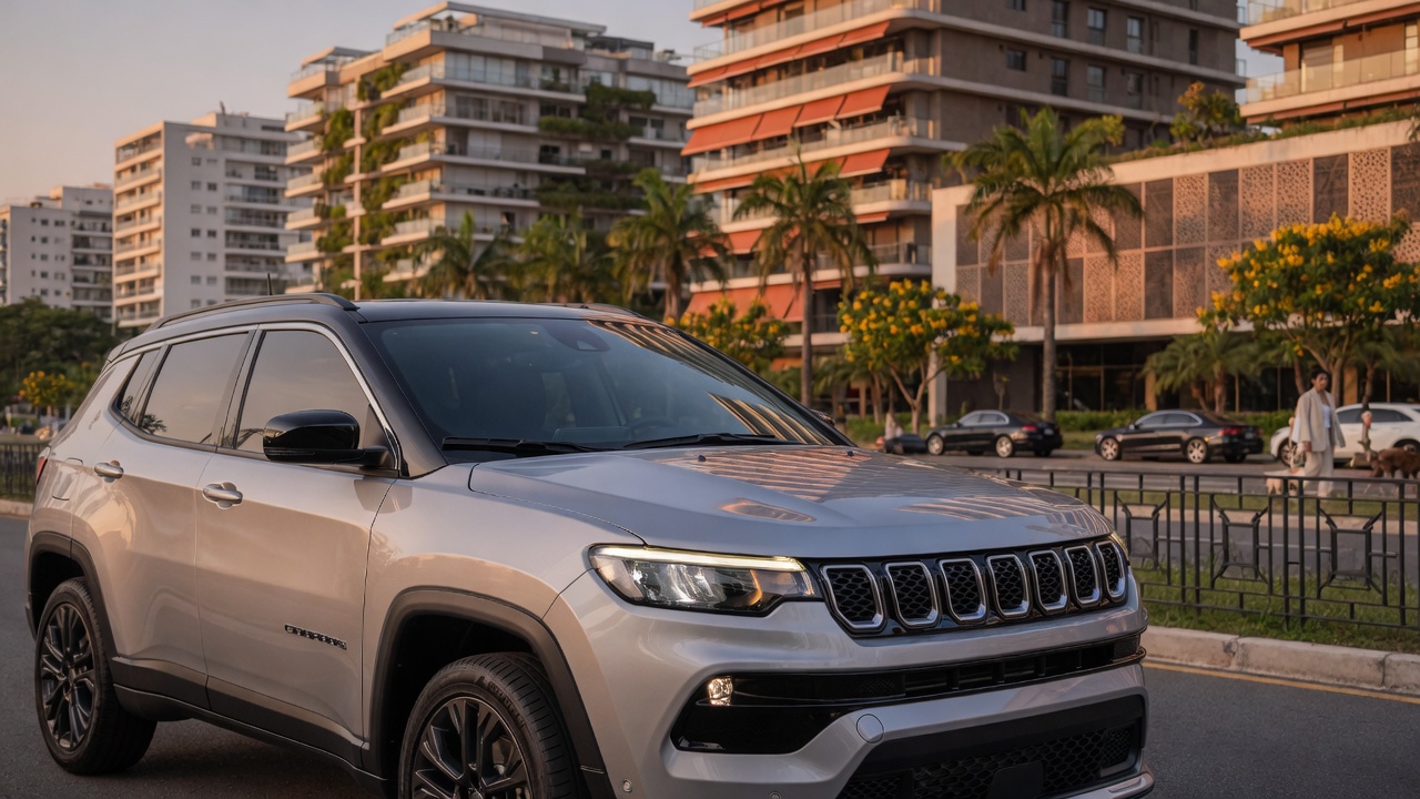 Jeep Compass 2027 com motor 1.3 turbo híbrido leve em ambiente urbano brasileiro