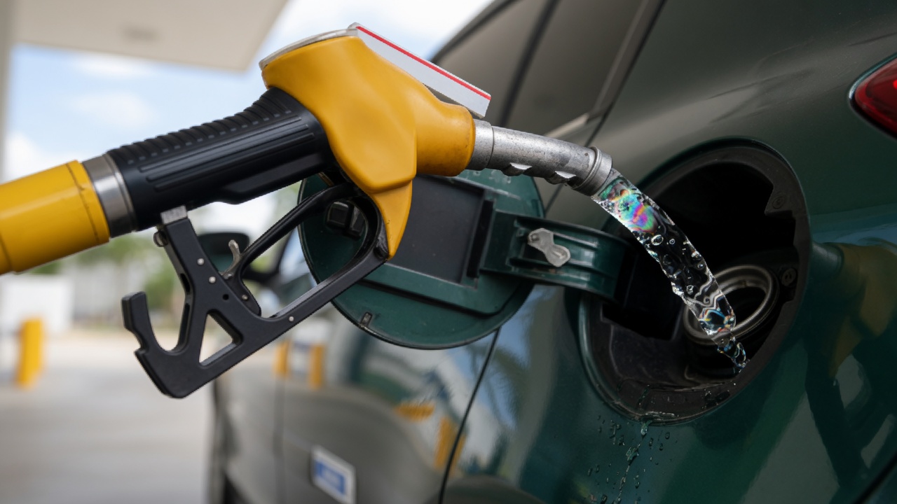 Close-up of gas station pump nozzle filling a car tank at Brazilian fuel station