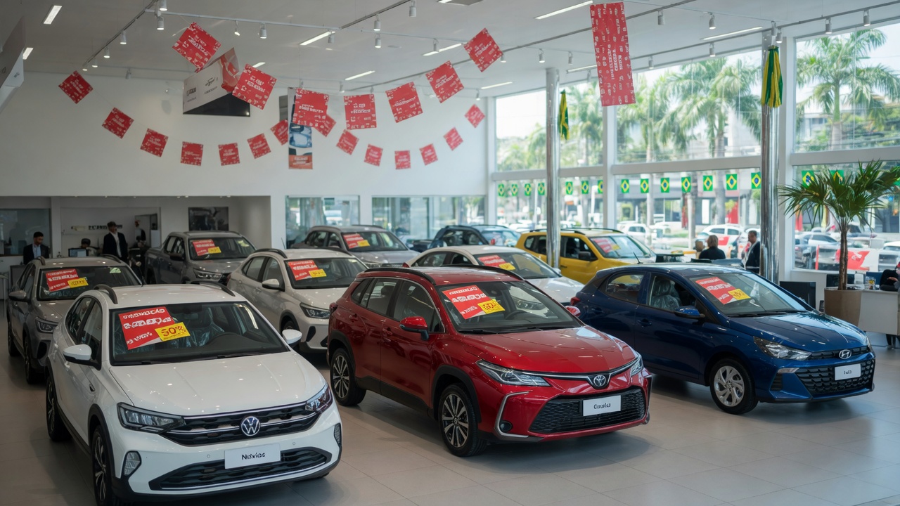 Modern car dealership showroom in Brazil with new vehicles on display and promotional sale tags