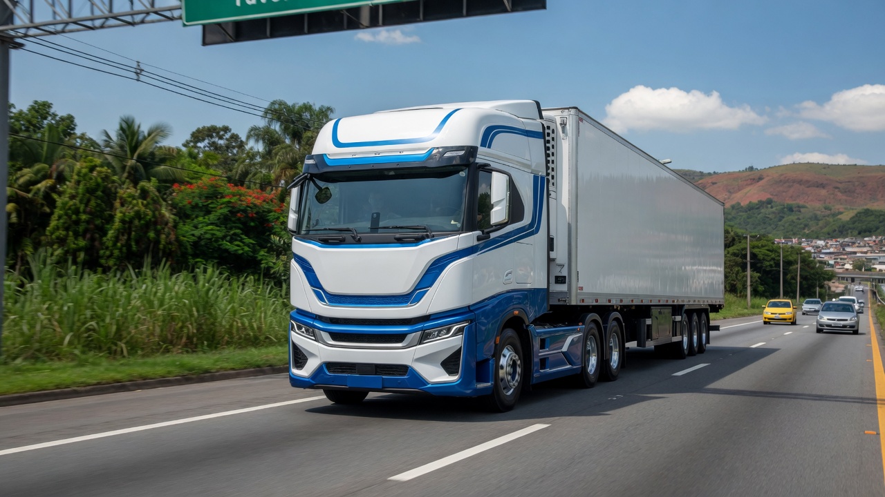 GWM hydrogen-powered truck on Brazilian highway showcasing modern fuel cell technology and commercial vehicle design