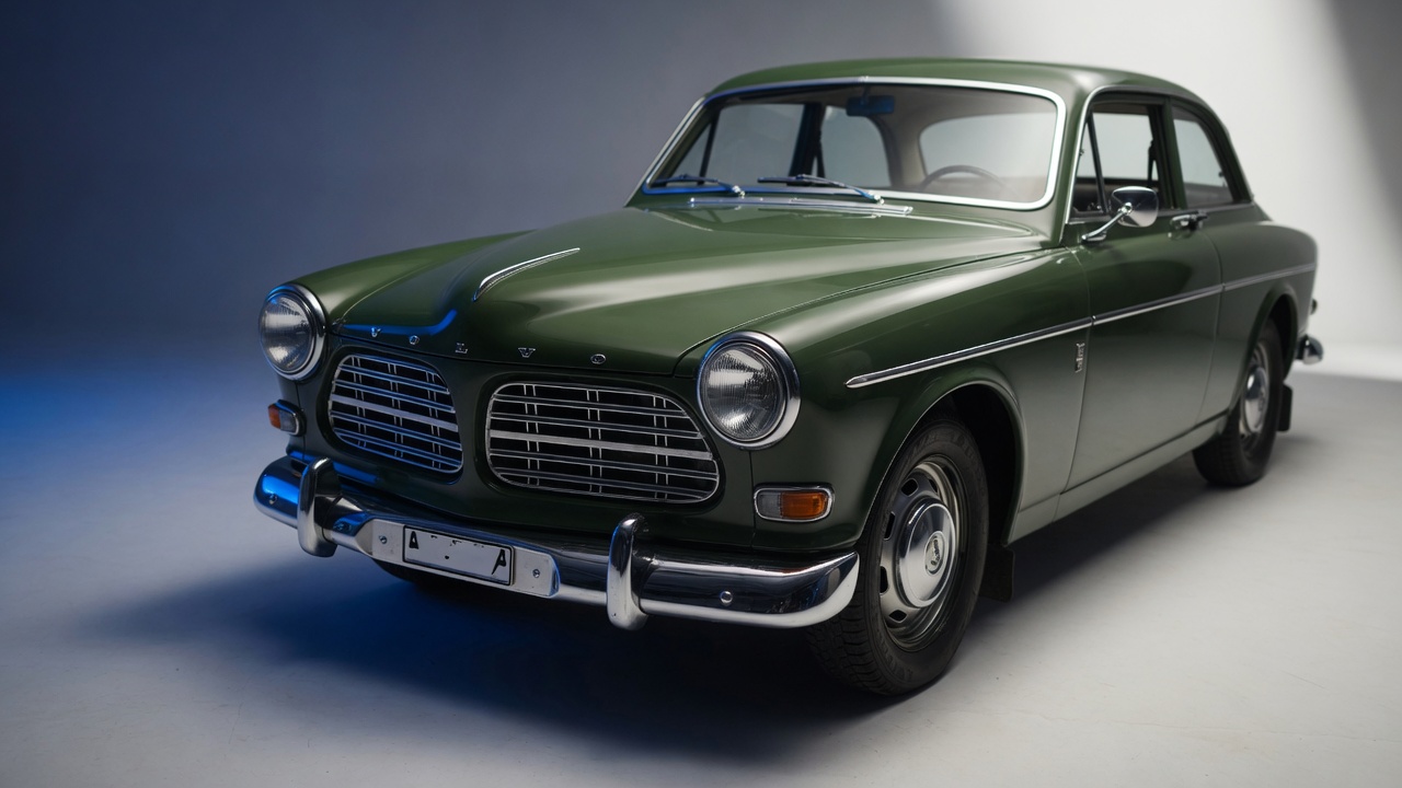 Volvo Amazon clássico dos anos 60 em fotografia editorial profissional destacando seu design icônico e elegância atemporal