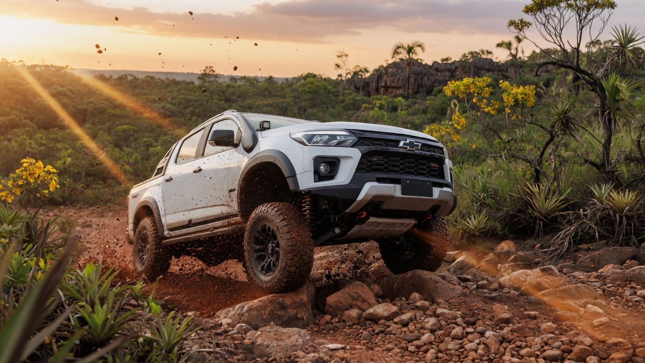 Chevrolet S10 Trail Boss 2027 em ação no off-road com lama e terreno acidentado