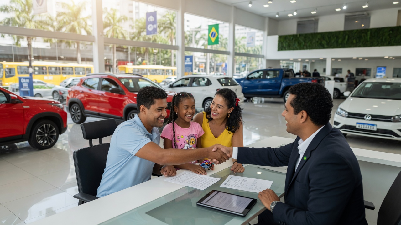 Consultor de vendas cumprimentando clientes em concessionária durante assinatura de financiamento de veículo