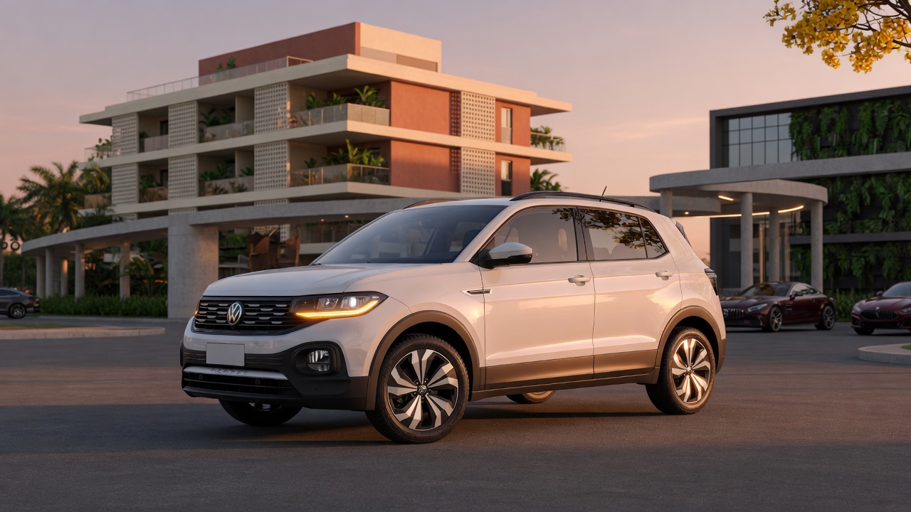 VW T-Cross 2027 com câmbio automático de oito marchas estacionado em ambiente urbano moderno