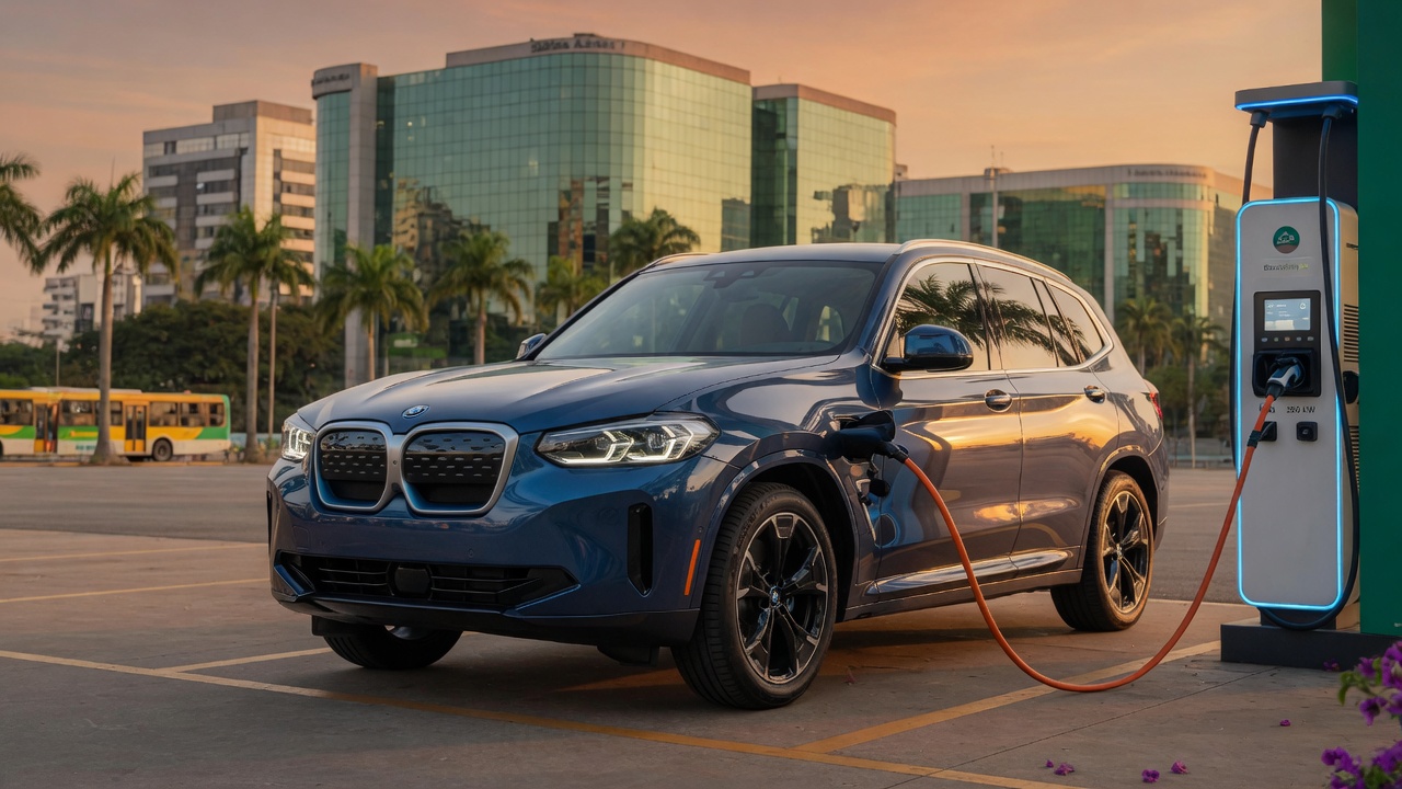 BMW iX3 electric SUV at charging station showcasing its premium design and electric vehicle technology in Brazilian urban setting