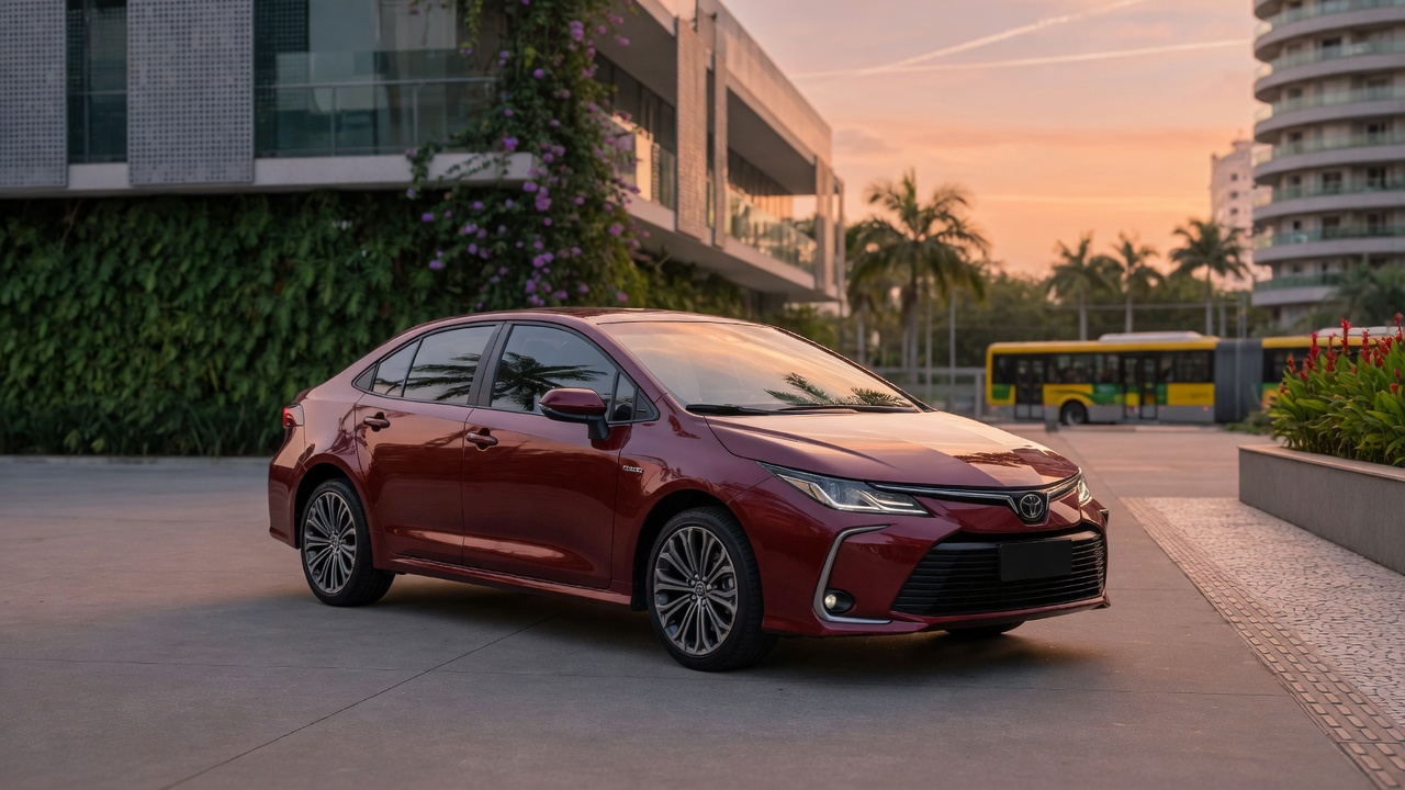 Novo Toyota Corolla com design esportivo e linhas de cupê em cenário urbano brasileiro