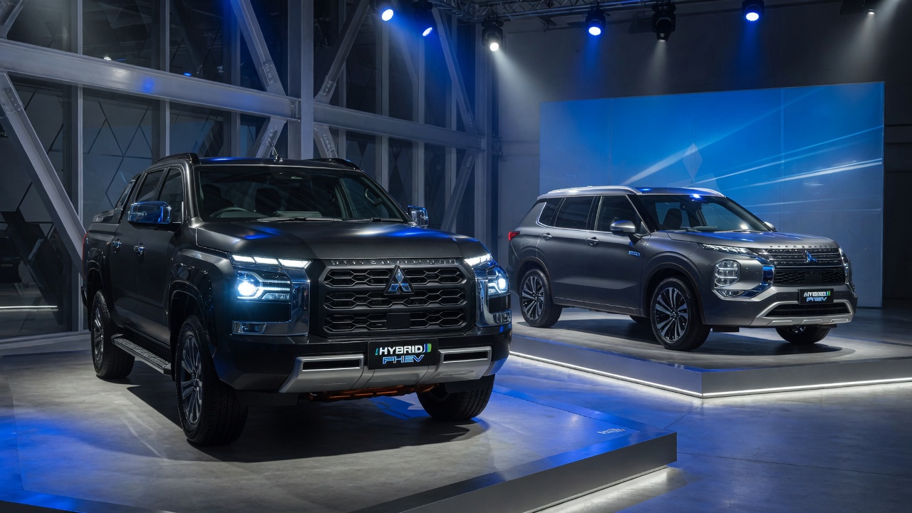 Mitsubishi hybrid pickup truck and SUV on display in modern automotive showroom representing the company's R$ 2.4 billion investment in new vehicle lineup