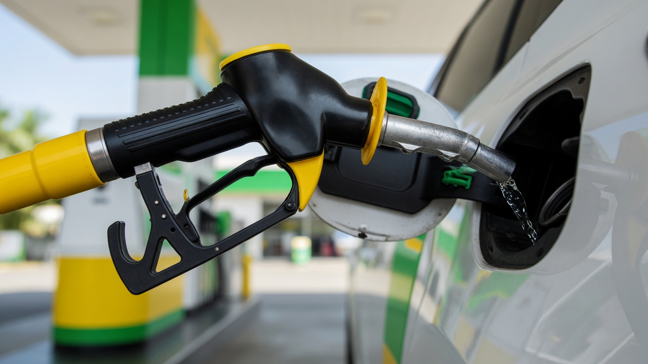 Close-up of fuel pump nozzle filling a car at a Brazilian gas station, representing the new gasoline blend with ethanol
